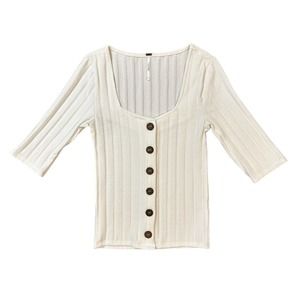Free People Central Park Ribbed Elbow Cardigan Button Front White Top Small S